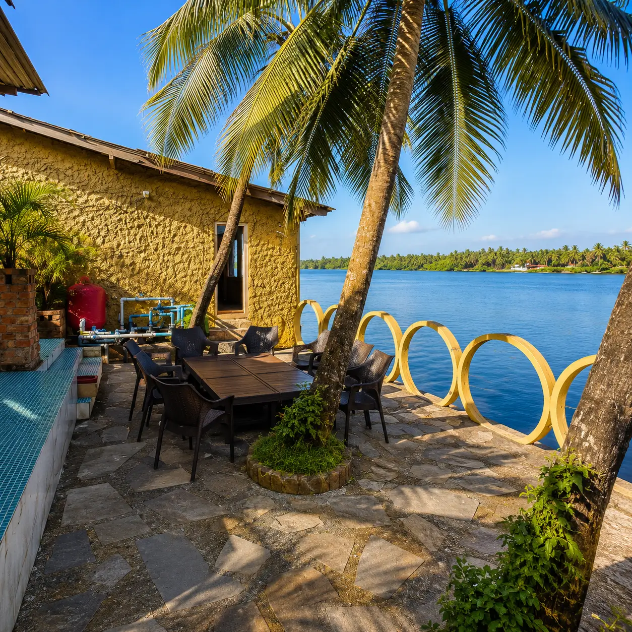 Beachfront dining table set for dinner at sunset