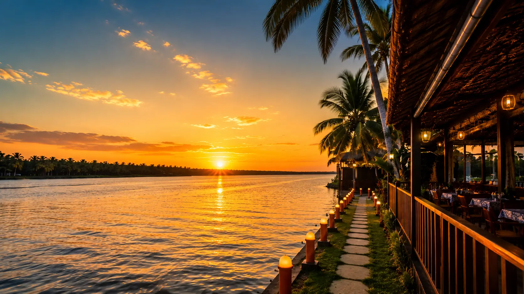 Speedboat approaching the Delta Inn jetty at sunset