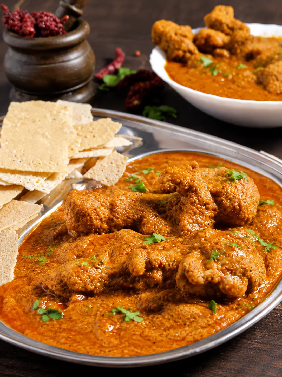Spicy red chicken curry poured over crisp rice wafers