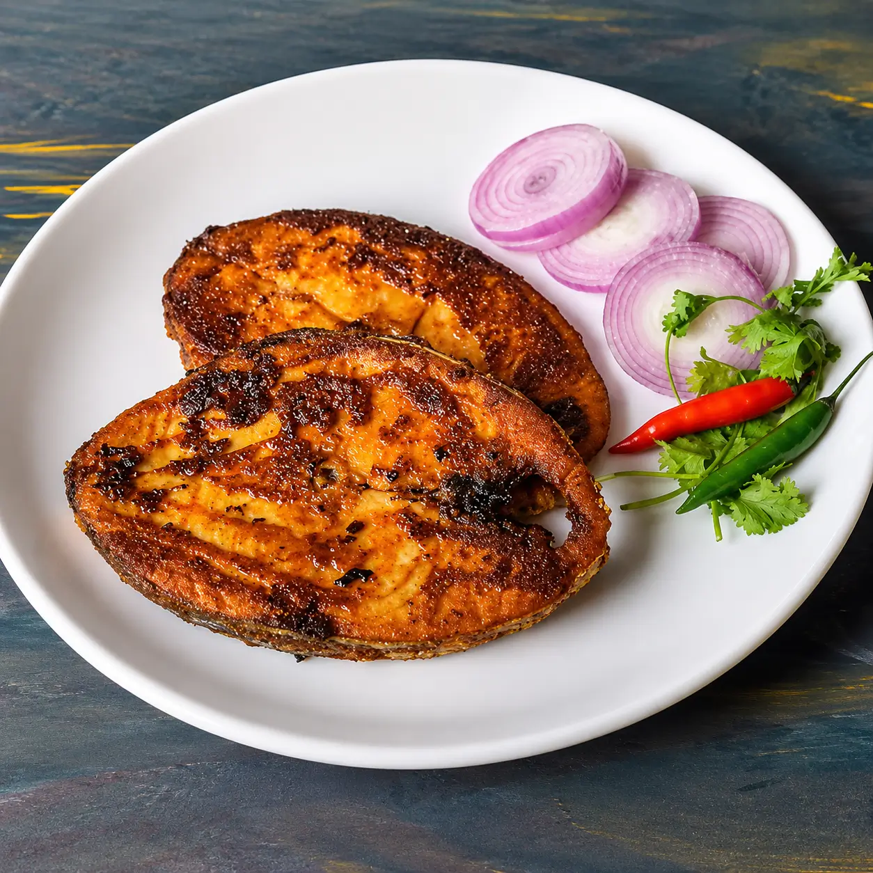 Fresh Anjal (Kingfish) coated in red spices and semolina, pan-fried