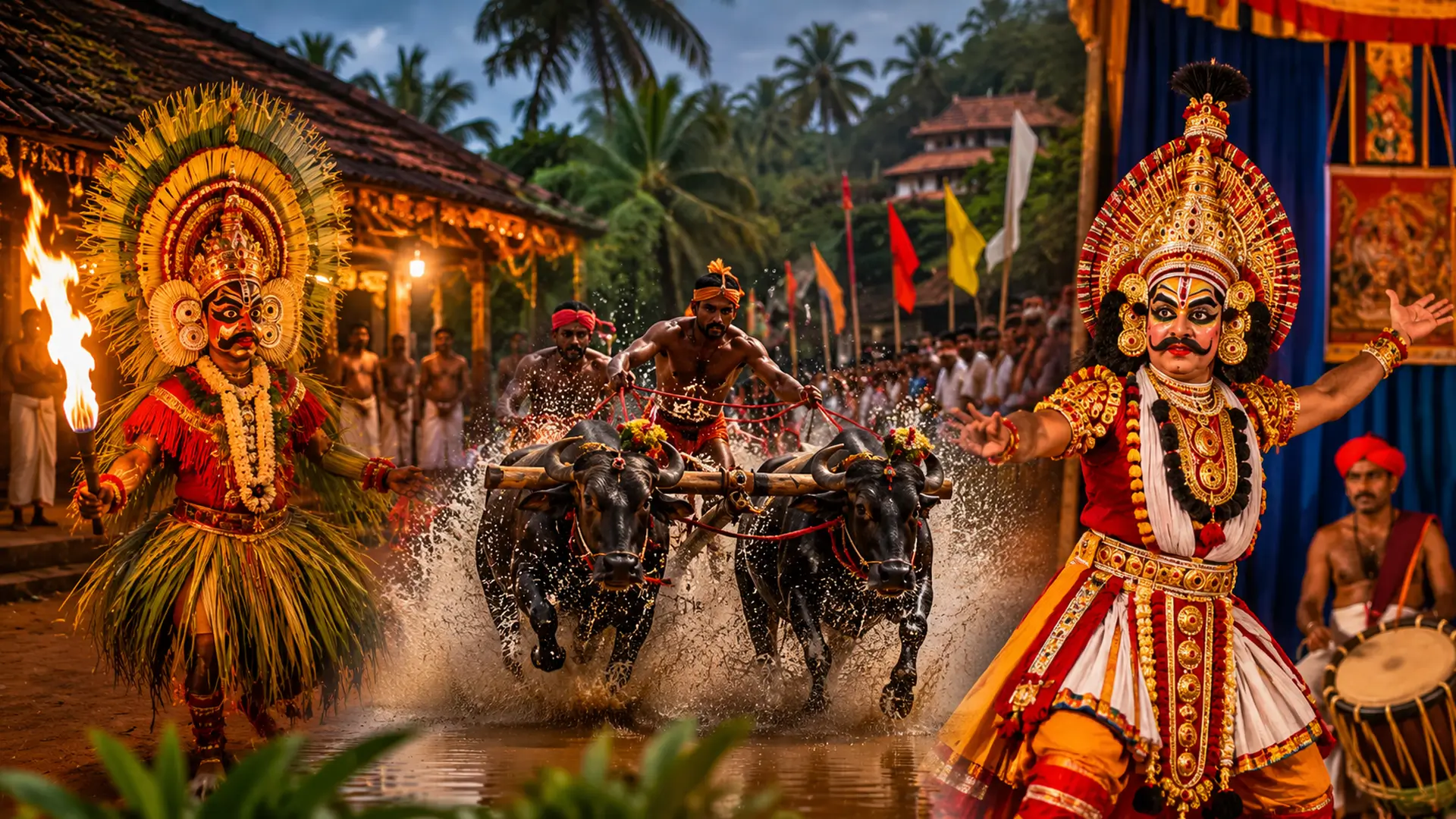 Vibrant Bhoota Kola performer in traditional attire and makeup