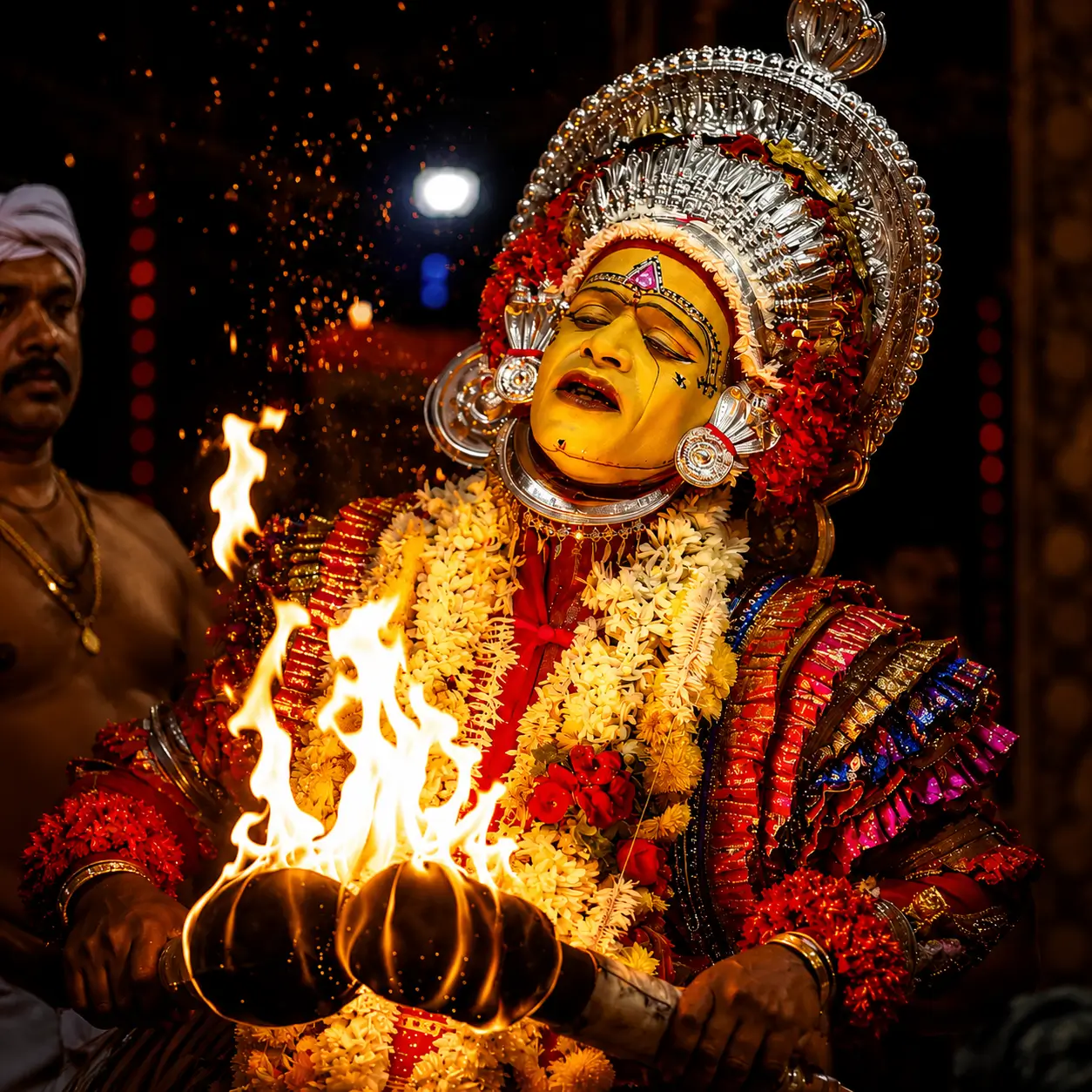 Close up of intricate Bhoota Kola face makeup and headgear