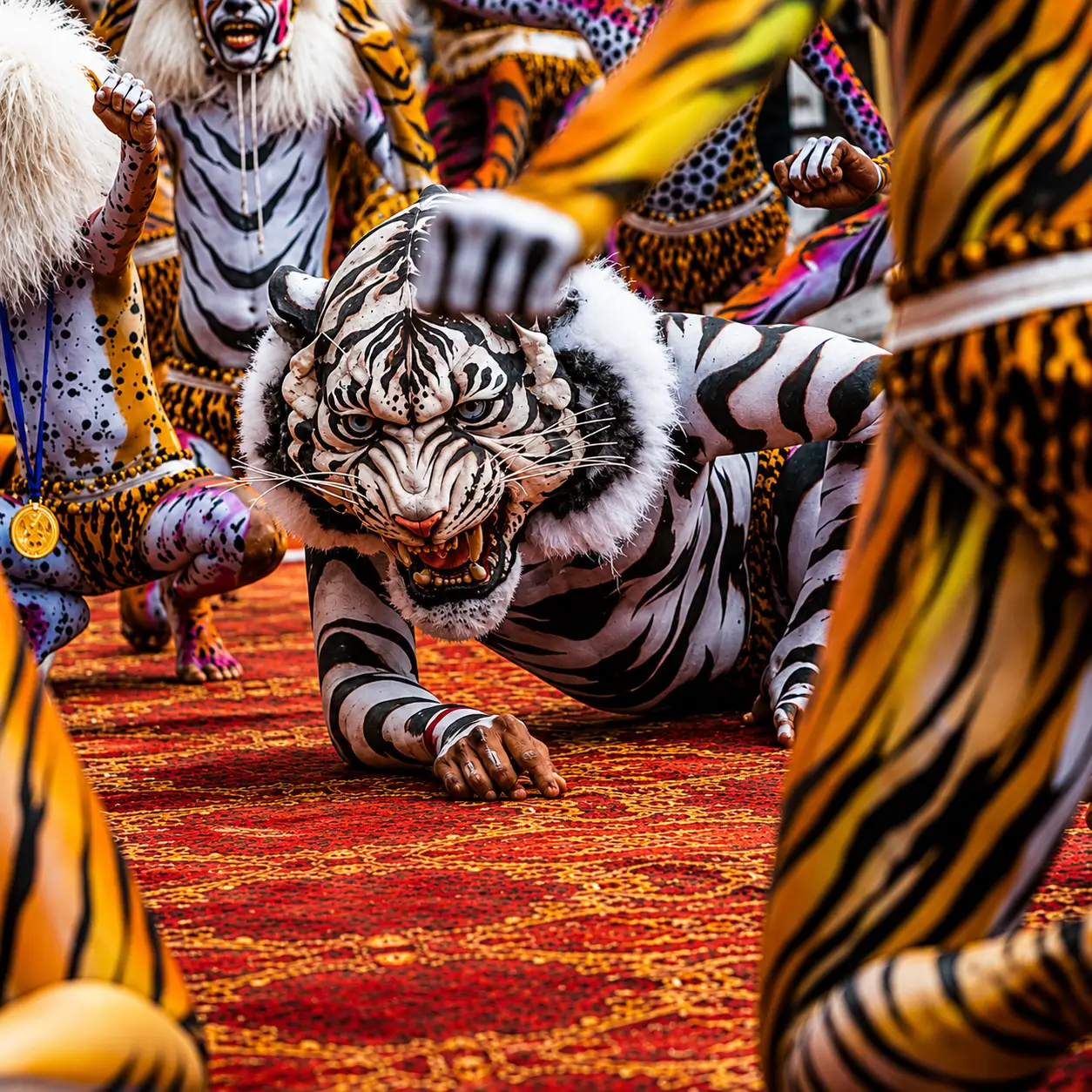 Performers painted as tigers dancing to drums