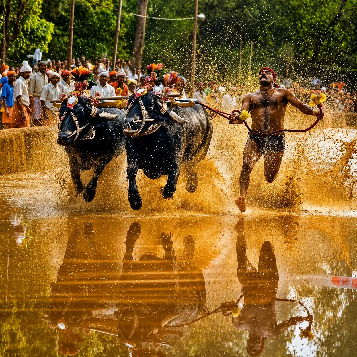 Powerful buffaloes racing through a muddy paddy field