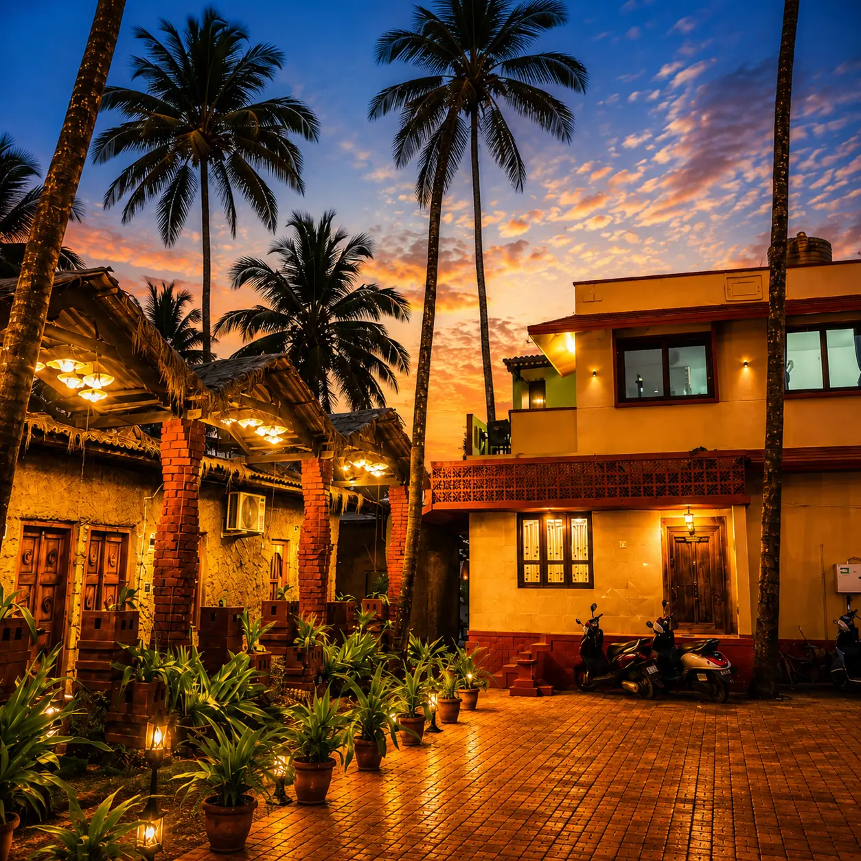 Sunset over the Delta Inn private beach and lagoon villas